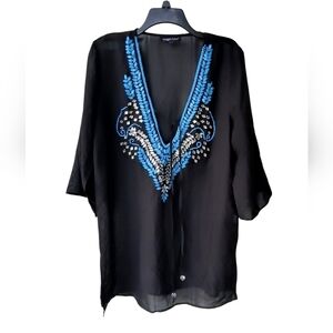 Spiaggia Dolce Black & Blue Embellished Vacation Beach Resort Swim Coverup L